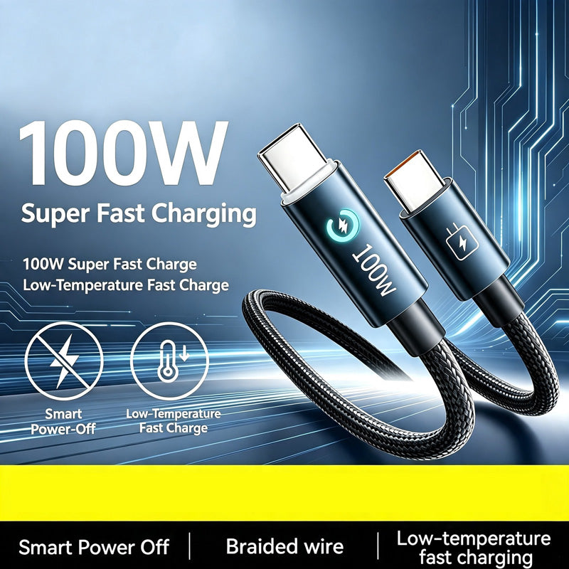 Smart-Auto-Power-Off 100W Woven USB-C Charge Data Cable 1.5m