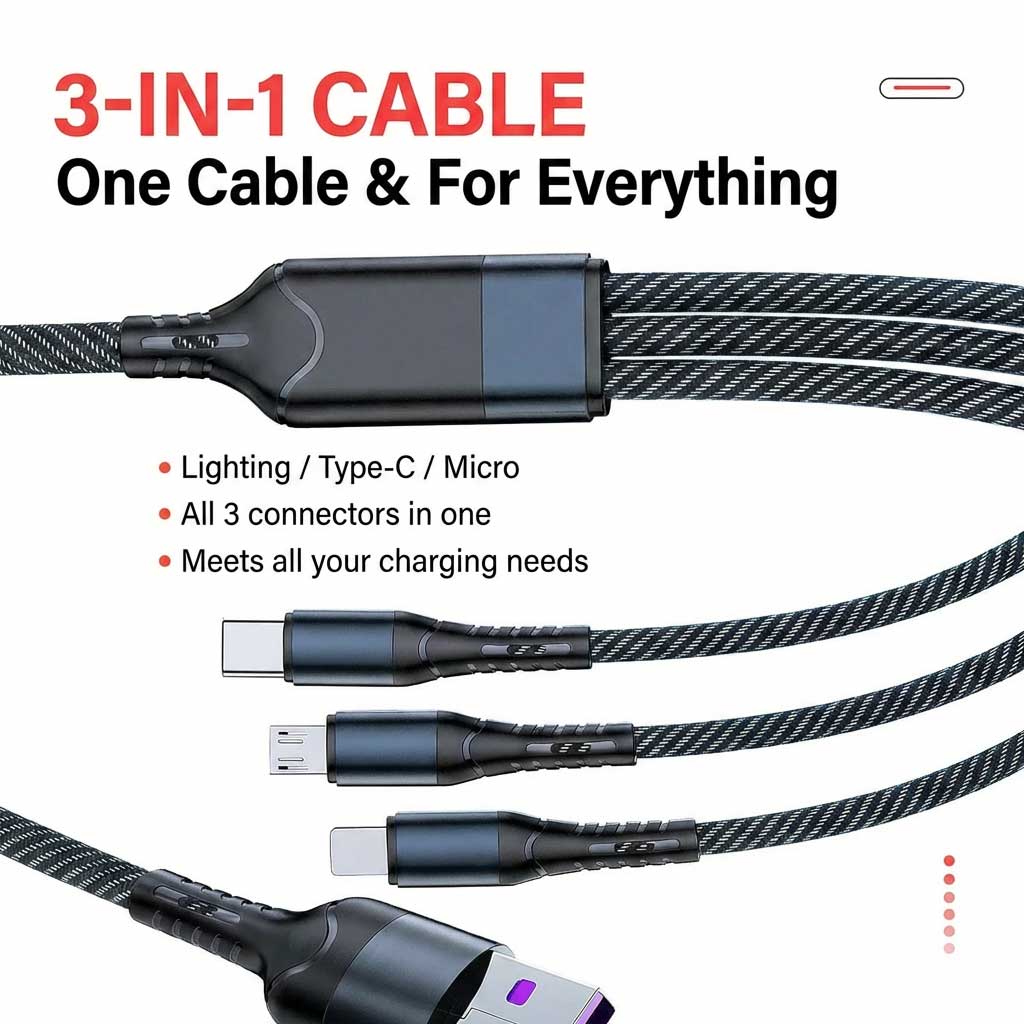 Huimitech 66W Woven Fast Charging Cable with Type C + Micro USB + Lighting Port 02 